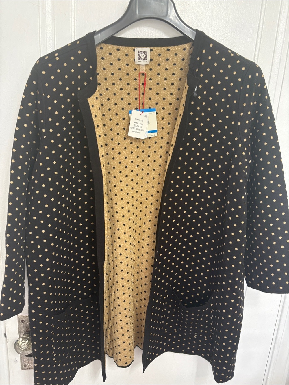 Anne Klein Black and Gold Polka Dot Open Cardigan